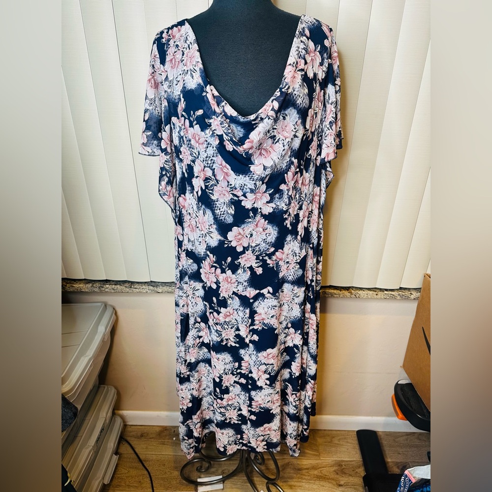 Robbie Bee Floral Navy Pink V-neck Woman Maxi Sundress Dress Woman Size 22 W